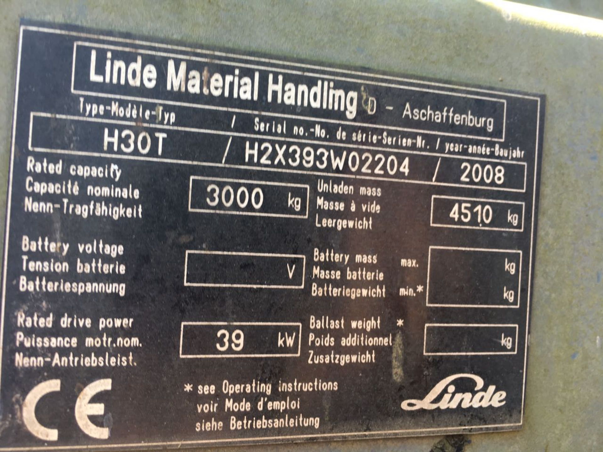 2008 LINDE H30T 3 TON GAS FORKLIFT (15,314 HOURS - HOURS NOT GUARANTEED BY AUCTIONEER) H2X393W02204 - Image 3 of 4