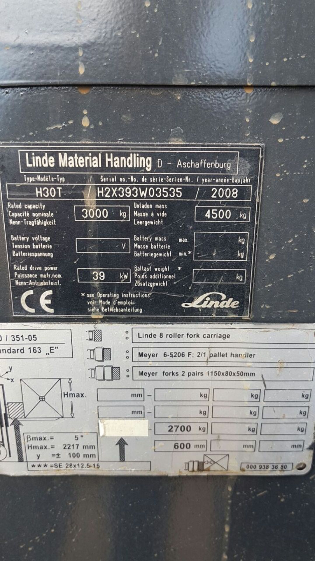 2008 LINDE H30T 3 TON GAS FORKLIFT (10,711 HOURS - HOURS NOT GUARANTEED BY AUCTIONEER) H2X393W03535 - Image 2 of 3