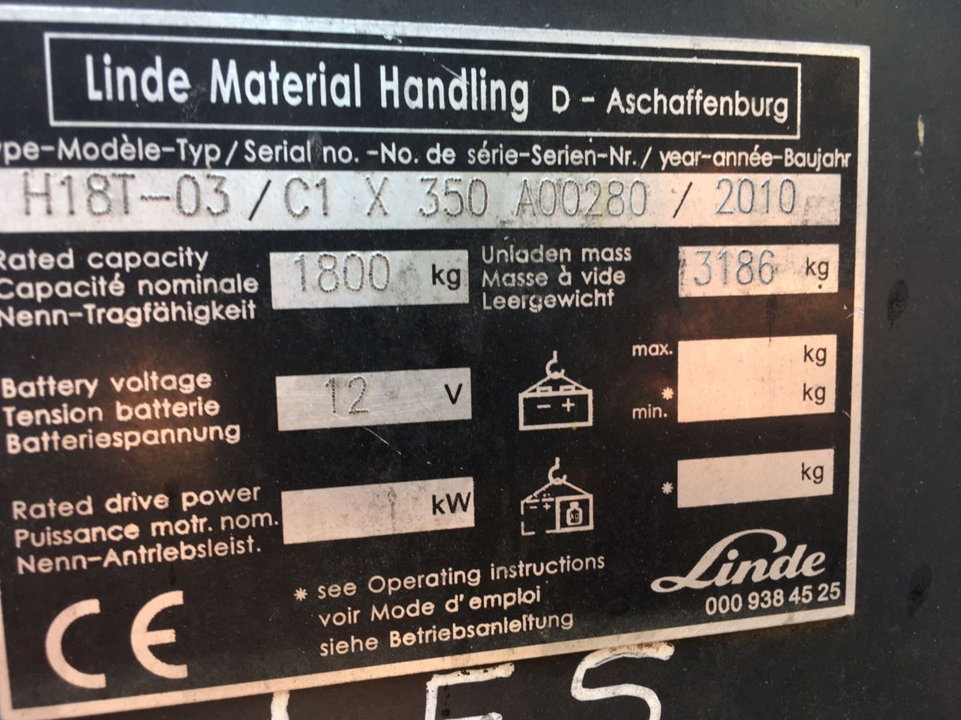 2010 LINDE H18T 1.8 TON GAS FORKLIFT (9,460 HOURS - HOURS NOT GUARANTEED BY AUCTIONEER) C1X350A00280 - Image 3 of 5