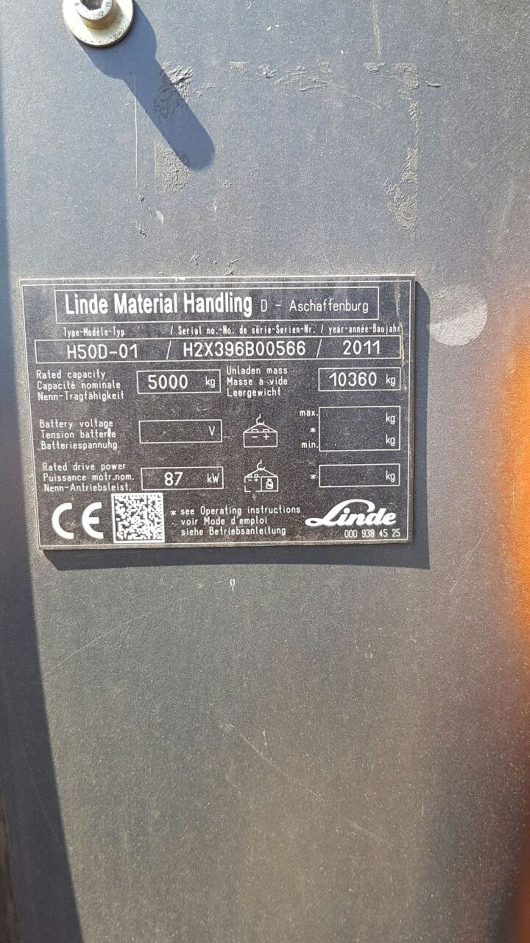 2011 LINDE H50D 5 TON DIESEL FORKLIFT (NON-RUNNER) - (H2X396B00566) - Image 2 of 3