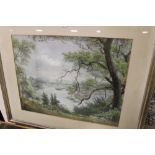 A LARGE FRAMED & GLAZED SINGED LAKESIDE PAINTING