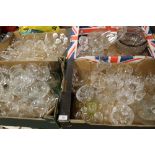 FOUR TRAYS OF CUT GLASS, CRYSTAL ETC TO INC DECANTERS, SILVER PLATED RIMMED BOWL ETC