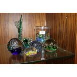 A SELECTION OF PAPERWEIGHTS, MARBLES + A GLASS FISH ORNAMENT