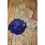 TWO CUT GLASS DECANTERS, CUT GLASS VASE & A COLOURED BOWL (4)