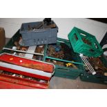 FIVE TRAYS OF VARIOUS HAND TOOLS & BITS PLUS A TOOLBOX WITH CONTENTS