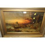 A VINTAGE GILT FRAMED HUNTING SCENE