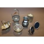 A SELECTION OF SILVER PLATED ITEMS TO INCLUDE DISHES, PICTURE RAMES ETC