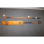 A REPRODUCTION DECORATIVE GOLF CLUB AND BALL PLUS CRICKET BAT & BALL