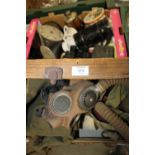 A TRAY AND A SUITCASE OF MOSTLY MILITARY & VINTAGE ITEMS TO INC A GAS MASK, UNIFORM ITEMS, PROPELLER