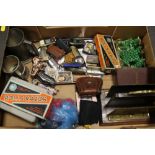 A LARGE BOX OF COLLECTABLES TO INCLUDE LIGHTERS, WATCHES ETC