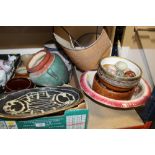 A TRAY OF STONEWARE PLUS A SELECTION OF BOWLS, ONYX EGGS ETC