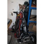 THREE GOLF CADDY BAGS, TWO SET SO F WHEELS PLUS A SELECTION OF GOLF CLUBS