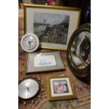 A PORTHOLE MIRROR & A SELECTION OF PRINTS, CLOCKS ETC