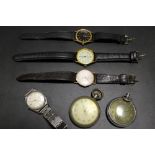 TWO POCKET WATCHES + FOUR GENTS WRISTWATCHES