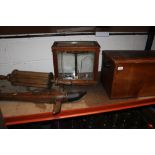 A GLASS CASED PHILLIP HARRIS SET OF SCALES, PLUS A WOODEN TRUNK, VINTAGE TOOLS ETC