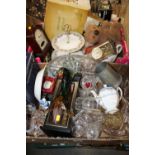 A QUANTITY OF GLASSWARE AND SUNDRIES TO INC HORSE FIGURES, CLOCKS, CAKE STAND ETC