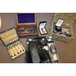 THREE BOXES OF COLLECTABLES + COSTUME JEWELLERY TO INCLUDE A GILDED LADIES FOB WATCH, PENS ETC