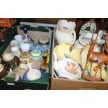 TWO TRAYS OF CERAMICS AND TREEN TO INC A MANTLE CLOCK ETC