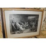 A LARGE FRAMED & GLAZED ENGRAVING DEPICTING A ROMAN INVASION SIGNED LOWER RIGHT