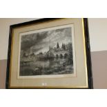 A FRAMED MEZZOTINT BEHIND GLASS LANDSCAPE BY RIVER WITH BRIDGE AND CHURCH