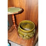 A LEATHER TOPPED PLANT STAND PLUS A JARDINIERE SIGNED MYATT TO BASE