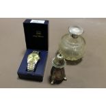 A HALLMARKED SILVER TOPPED VANITY JAR, PHILLIP MERCIER WATCH + A SILVER PLATED PEPPERETTE (3)