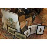 A SHAPED WALL MIRROR & A SELECTION OF PICTURES TO INC TWO PAINTED TILES FEATURING PORTRAITS OF A