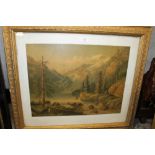 A FRAMED ETCHING OF A LANDSCAPE TOGETHER WITH A FRAMED COLOURED PRINT, AMERICAN MOUNTAIN LANDSCAPE