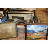 A TRAY OF ASSORTED PICTURES, PRINTS, FRAMES ETC