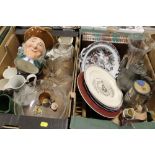 TWO TRAYS OF CERAMICS & GLASS TO INC ROYAL DOULTON CHARACTER JUGS, STEIN ETC