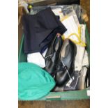 A BOX OF ASSORTED COLD WAR ERA BRITISH ARMY SEALED PATTERN ITEMS, SHOES, LANYARDS, CAPS, BELT & A