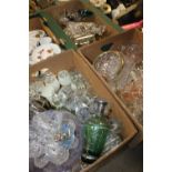 THREE TRAYS OF CUT GLASS ETC TO INC DECANTER, PAPERWEIGHTS ETC