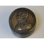 A DUKE OF WELLINGTON COMMEMORATIVE SNUFF BOX, the polished wooden snuff is topped both ends with a