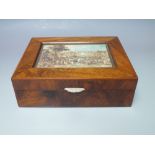 AN EDWARDIAN WOODEN JEWELLERY BOX, of rectangular form, with inset panel depicting a Dutch village