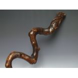 A 19TH CENTURY TWISTED WOOD WALKING CANE, unusual form with carved dragon forming pommel, overall L