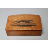 A SYCAMORE SNUFF BOX, circa 19th century with transfer painted image of a running fox to the cover