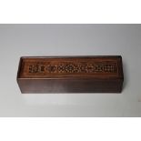 A TUNBRIDGE WARE RECTANGULAR BOX, with inlaid detail to the sliding lid, W 18 cm