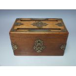 A VICTORIAN OAK CORRESPONDENCE BOX WITH BRASS STRAP WORK, of rectangular form, the hinged lid with