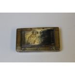 A POW TYPE BRASS MOUNTED SNUFF BOX, etched with a scene with what appears to be an Oriental gentle