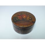 A GEORGIAN PAPIER MACHE CIRCULAR TABLE SNUFF BOX, all over decoration with figures and cart to the