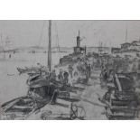 WOLFE (XX-XXI). Harbour scene, signed lower left, charcoal on paper, framed and glazed, 24 x 31 cm