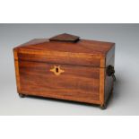 A GEORGE IV SARCOPHAGUS TEA CADDY, with twin handled lion mask detail and sitting upon four bun fee