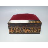 A TUNBRIDGE WARE PIN CUSHION SEWING BOX, with floral and banded inlay, velvet fabric to lid, W 15.7