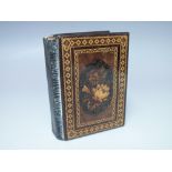 A TUNBRIDGE WARE PHOTOGRAPH ALBUM, with oval floral panel and banded inlay