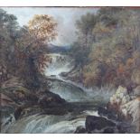 ENGLISH SCHOOL (NINETEENTH CENTURY). A waterfall, oil on canvas, unframed, 69 x 77 cm