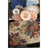 A TRAY OF VINTAGE COLLECTORS PLATES TO INC ROYAL WORCESTER, COPELAND ETC & AN UPHOLSTERED FOOTSTOOL