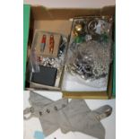 A BOX OF COSTUME JEWELLERY , PENKNIVES, WATCHES ETC