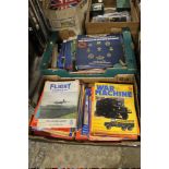 TWO BOXES OF MILITARY HISTORY MAGAZINES, MILITARY THEMED RECORDS & RE-PRINTED NEWSPAPERS