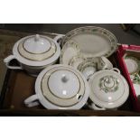 A TRAY OF ROYAL DOULTON 'HARBURY' TEA AND DINNER WARE PLUS TWO LARGE 'RAYWARE' TUREENS