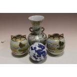 AN ORIENTAL TWIN HANDLED VASE, PAIR OF VASES + A BLUE & WHITE BALL ORNAMENT (4)